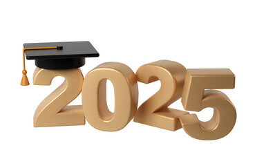 Class of 2025 3d education icon. Congratulation graduates design template with black cap and numbers. Gold graduation typography illustration for ceremony, party, greeting card, invitation