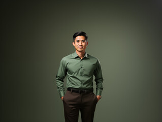 Obraz premium A joyful Asian man in green and white clothes against an isolated background