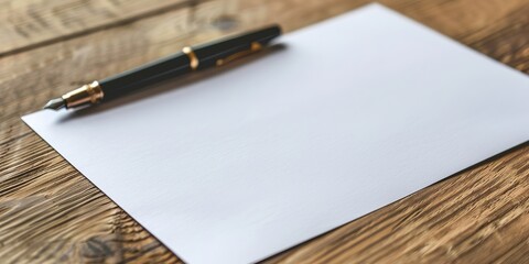 A sleek pen rests on a blank paper on a wooden surface, ready for writing.