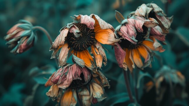 Destroyed Flowers: An image of flowers that are devastated and withered, reflecting the state of a person's soul during a period of depression. --no text --ar 16:9 --quality 0.5 Job ID: c6580a76-5928