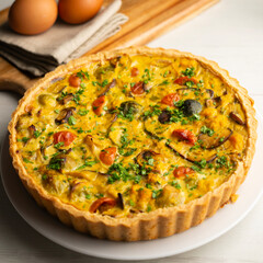 French quiche with fall vegetables such as brussels sprouts, sweet potato, and mushrooms.