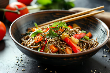 Asian cuisine dish, buckwheat soba noodles with vegetables, served in plate with chopsticks. National Japanese dish. Generative AI