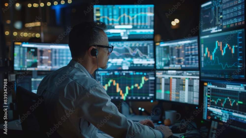Fototapete A trader monitoring stock market movements on multiple computer screens, reacting swiftly to market changes