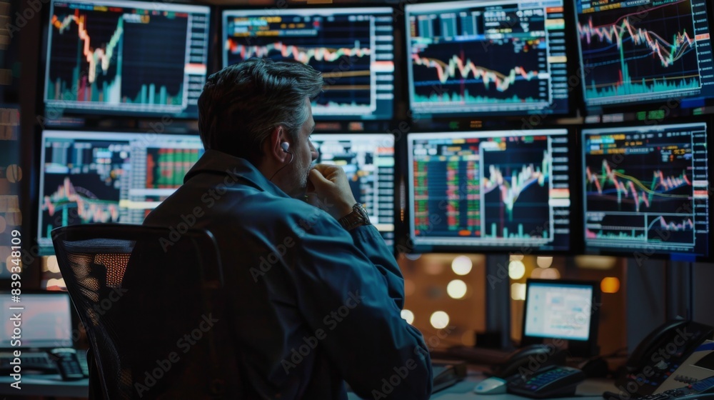 Poster a trader monitoring stock market movements on multiple computer screens, reacting swiftly to market 