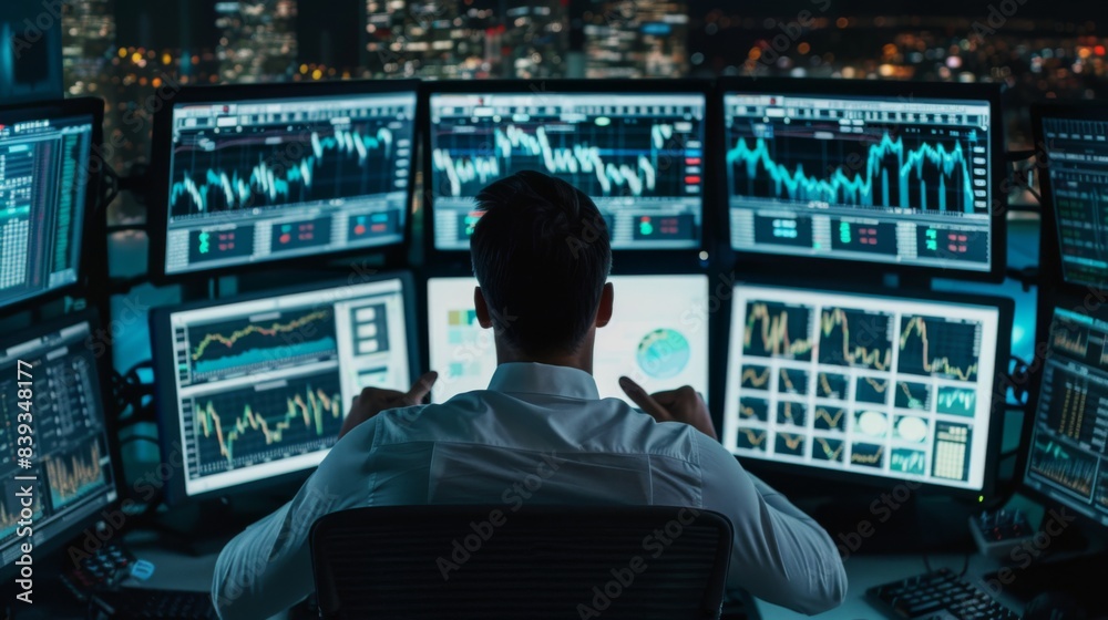 Aufkleber A trader monitoring stock market movements on multiple computer screens, reacting swiftly to market changes