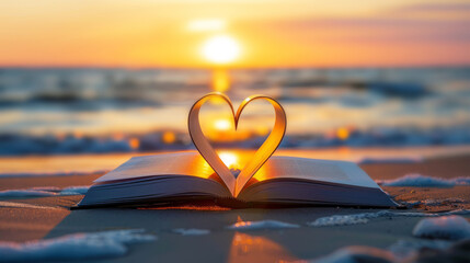 Book with heart shaped pages on beach evoking romantic and peaceful emotions