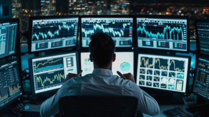 A trader monitoring stock market movements on multiple computer screens, reacting swiftly to market changes