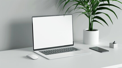 Fototapeta premium Modern laptop on a clean workspace environment on a white desk against a grey backdrop