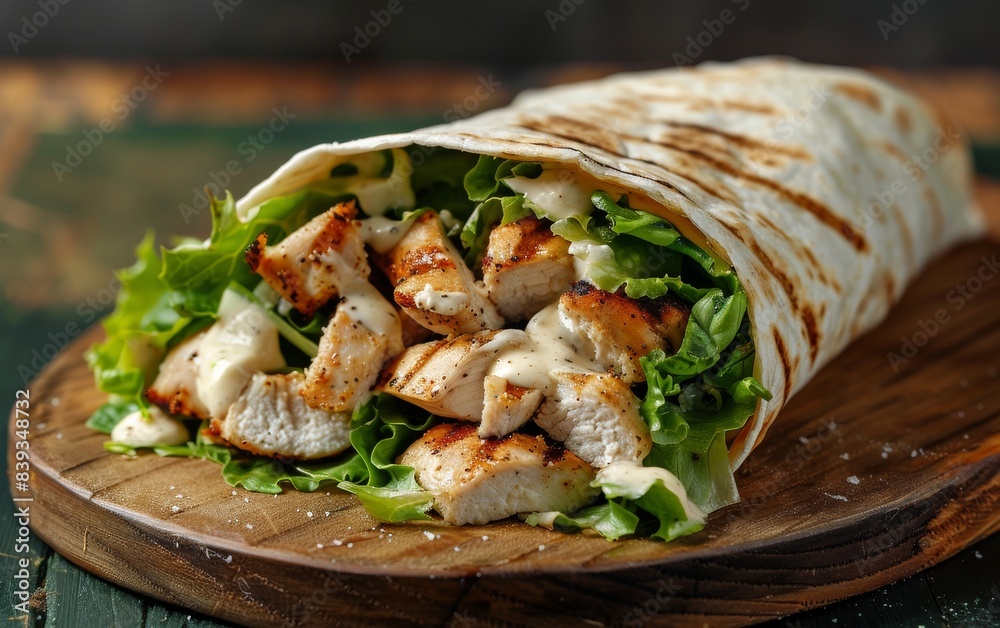 Wall mural a delicious wrap filled with grilled chicken, lettuce, and caesar dressing - Wall murals