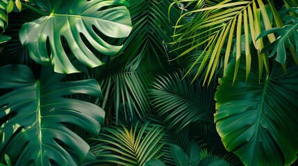 Fototapeta premium tropical summer background with lush green palm leaves and exotic plants luxury vacation concept