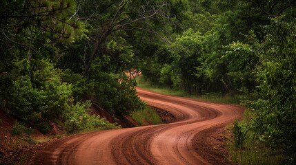 Fototapeta premium Red dirt road curving through a green forest, close-up, rich earth tones contrasting with lush foliage, no people 