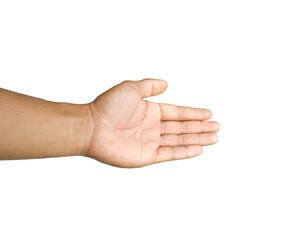 The man's hands open and stretched forward as if to help. Or doing handshake or about to grab with business concept isolated on white background.