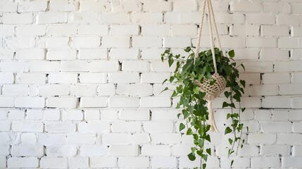 Intricate Macram Plant Hanger with Trailing Ivy Against White Brick Wall