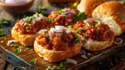 A traditional Indian street food snack, pav bhaji, featuring mashed vegetables served with buttered buns and chopped onions