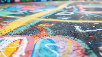 Obraz premium Street art on urban asphalt, close-up, colorful graffiti painted on the road, expressive city culture, no humans 