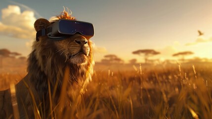 A 3D-rendered lion character with VR goggles, immersed in a backlit diffuse savannah landscape, simulating a hunt in the virtual reality savannah.