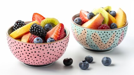 two colorful fruit salad bowls with mixed berries and tropical fruits isolated