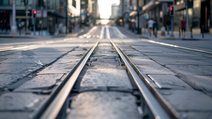 Electric tram tracks embedded in an urban road, close-up, leading through the downtown area, no people 