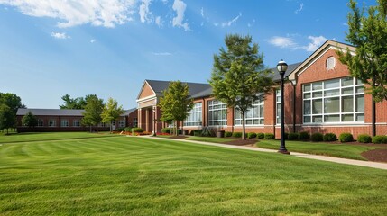 Obraz premium typical american elementary school exterior brick facade grassy campus architectural photography