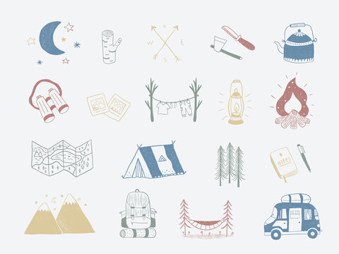 Camping clip art, Hiking lineart set, outdoor adventure, nature, vanlife hand drawn minimal icons, ,camper van