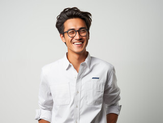 A joyful Asian man in blue and white clothes against an isolated background