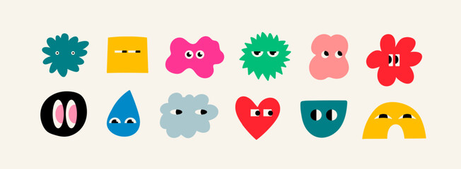 Set of Various bright Doodle shapes with face emotions. Different figures. Hand drawn trendy Vector illustration for kids. Cute funny characters. All elements are isolated