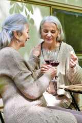 Two middle-aged women, a lesbian couple, enjoy a glass of wine while camping in a green forest.