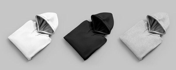 White, black, heather hoodie template, folded, isolated on background, for design, print, pattern, branding, front view, set