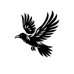 Vector logo of a flying raven. black and white illustration of a crow isolated on a white background.  can be used as an emblem, logo, or tattoo.
