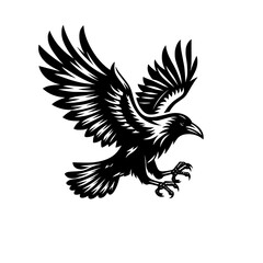 Fototapeta premium Vector logo of a flying raven. black and white illustration of a crow isolated on a white background. can be used as an emblem, logo, or tattoo.