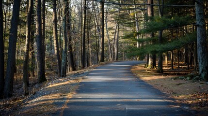 Obraz premium Paved trail in an empty forest, close-up, sunlight filtering through tall trees, tranquil and undisturbed, no people