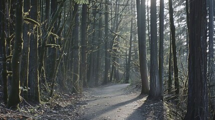 Obraz premium Paved trail in an empty forest, close-up, sunlight filtering through tall trees, tranquil and undisturbed, no people 