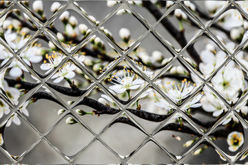 fruits blossom, spring through window panes