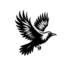 Vector logo of a flying raven. black and white illustration of a crow isolated on a white background.  can be used as an emblem, logo, or tattoo.