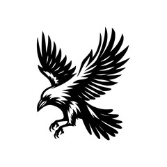 Vector logo of a flying raven. black and white illustration of a crow isolated on a white background.  can be used as an emblem, logo, or tattoo.