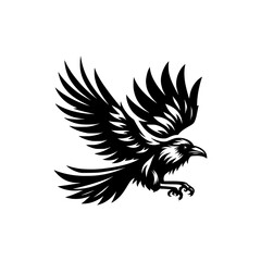 Vector logo of a flying raven. black and white illustration of a crow isolated on a white background.  can be used as an emblem, logo, or tattoo.