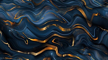 Fototapeta premium Abstract background with swirling patterns of blue, white and gold paint in an elegant marbling style. Marorette pattern. SEAMLESS PATTERN