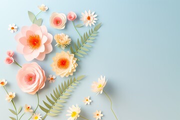 Obraz premium Flowers paper cut design. Beautiful spring paper cut flowers on soft color background. Valentine's Day, Birthday, Happy Woman Day, Mother's Day. Holiday poster and banner with flower papercut