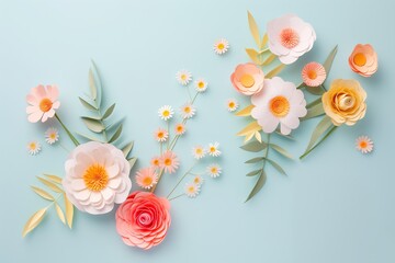 Flowers paper cut design. Beautiful spring paper cut flowers on soft color background. Valentine's Day, Birthday, Happy Woman Day, Mother's Day. Holiday poster and banner with flower papercut