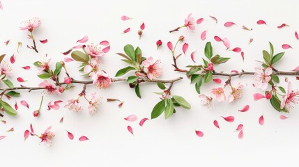 Fototapeta premium Spring tree flowers and petals, white background generative ai