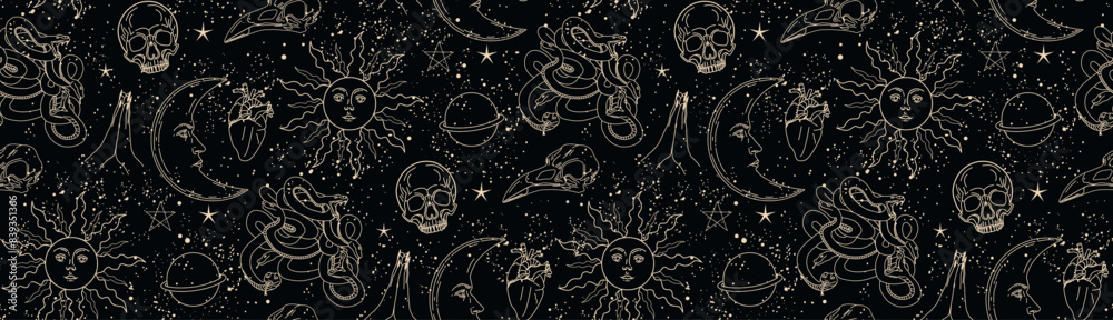 Wall mural seamless pattern with mystical elements. set of linear vector illustrations. celestial illustrations