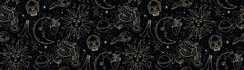 Seamless pattern with mystical elements. Set of linear vector illustrations. Celestial illustrations depicting the sun, moon, planet. design elements for decoration in a modern style.Gothic pattern. 