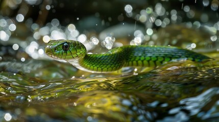 Obraz premium venomous green snake slithering through glistening river waters wildlife closeup photograph