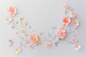 Flowers paper cut design. Beautiful spring paper cut flowers on soft color background. Valentine's Day, Birthday, Happy Woman Day, Mother's Day. Holiday poster and banner with flower papercut