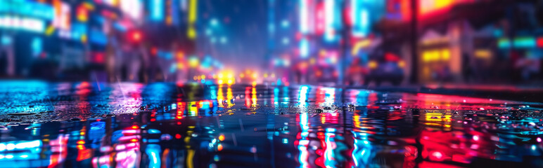 Reflective wet street after a fresh rain with neon city lights