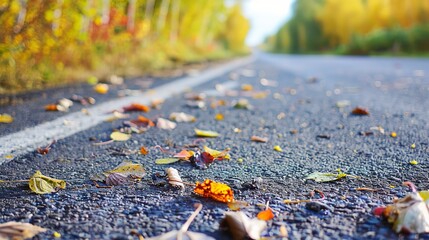Obraz premium Asphalt road with autumn leaves scattered, close-up, colorful foliage in a high altitude setting, no people 