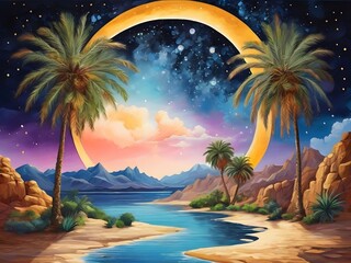 Beautiful Oasis Palm Tree Crescent and Starry Landscap