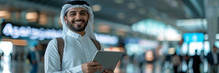 Smiling Eastern Man with Digital Tablet in Airport Terminal, Young Arab Using Tab Computer