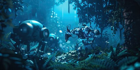 Glitch Garden: A surreal garden filled with malfunctioning robotic animals and technological artifacts, bathed in eerie blue light