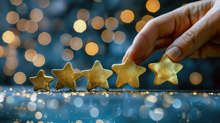 A hand extends towards a table where five gold stars are placed.